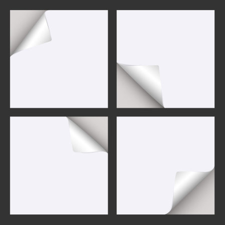 Set of empty square blank sheet of white paper with curled corner and shadow, page curl turning effect. Vector illustration on isolated backgroundのイラスト素材