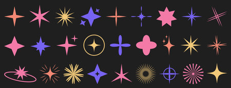 Set of retro futuristic sparkle star shapes. Modern abstract forms, trendy geometric design elementsのイラスト素材