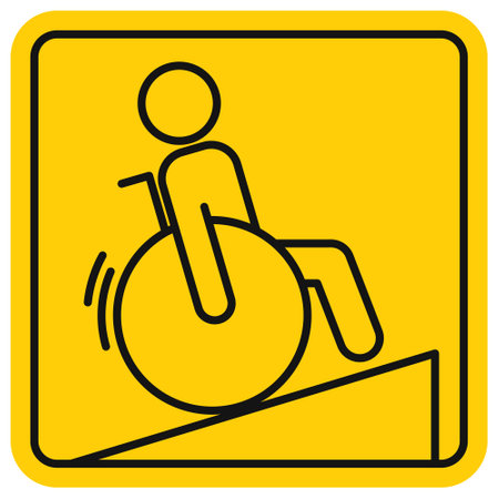 Wheel chair ramp. Person in a wheelchair, outline sign on yellow background, line icon. Editable stroke. Accessibility pictogram for disabled people. Safe public transportation.のイラスト素材