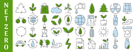 Ecology, line icons design, round form. Ecology environment improvement, sustainability, recycle, renewable energy, nature. Eco friendly vector illustration. concept of net zeroのイラスト素材