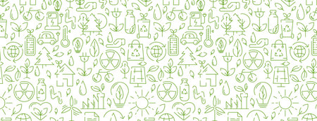 Ecology seamless pattern, green line icons. Ecology environment improvement, sustainability, recycle, renewable energy. Eco friendly vector banner. For cover, wrapping paperのイラスト素材