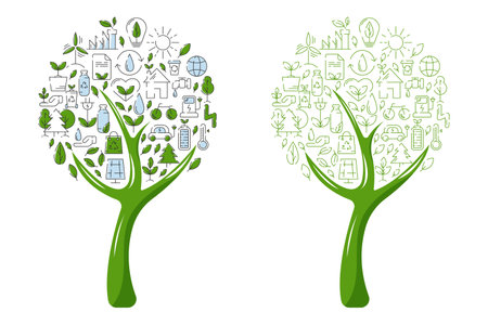 Green eco friendly tree filled with ecology icons and signs. Vector illustration, design element. Ecology concept, recycling sustainability, renewable energy, net zero emissionsのイラスト素材
