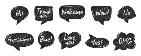 Set of hand drawn black scribbling speech bubbles with text, message box, talk bubble, vector illustration, isolated background. Flat doodle sticker with phrases hi, helloのイラスト素材