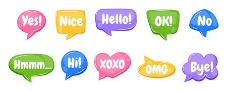 Set of hand drawn colorful speech bubbles with text, message box, talk bubble, vector illustration, isolated background. Flat doodle sticker with phrases hi, hello, yes, no, wowのイラスト素材