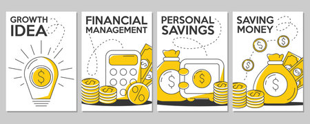 Set of minimalist vector business and finance poster. Financial management, saving money, personal savings, growth idea concept. For banner, motivation, advertisement, a4 format.のイラスト素材