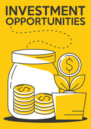 Savings jar with stacks of coins and growing money tree, vector minimalist poster, a4 format. Budget savings, manage money, investment opportunities creative concept. For bannerのイラスト素材