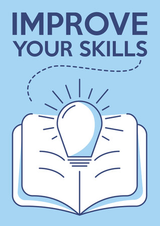 Open book with light bulb. Improve your skills, education concept, increasing knowledge, personal growth and development, way to success. Vector minimalist poster, a4 format.のイラスト素材