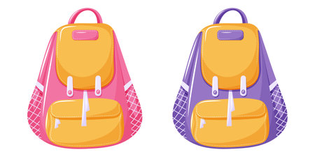 School childish backpack for girl and boy, pink and purple color. Children briefcases, schoolbags for supplies. Back to school, education concept, vector illustration, modernのイラスト素材
