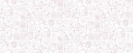 School and education seamless pattern, colorful vector line icons. Back to school banner with symbols of knowledge, learning, study, stationery. For cover, wrapping paper, textileのイラスト素材