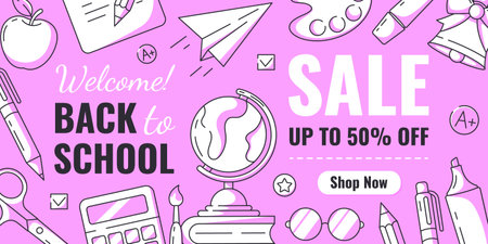 Welcome back to school sale minimalist banner with discount, school supplies, stationery. Education, learning, selling concept. Vector horizontal poster for web, social mediaのイラスト素材