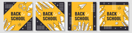 Set of back to school square poster, vector minimalist design with school supplies, stationery, geometric shapes. Education, learning, knowledge concept. For social media, bannerのイラスト素材