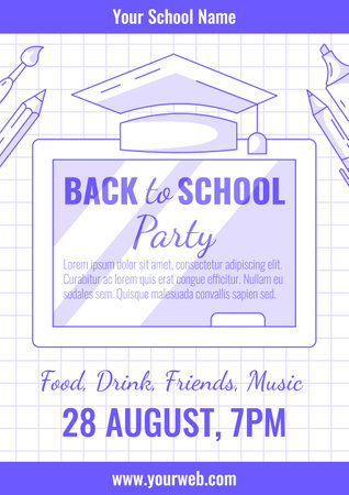 Back to school party, vector blue modern minimalist poster with chalkboard, school supplies, line icons. Education, learning, knowledge concept. a4. For banner, cover, web, flyerのイラスト素材