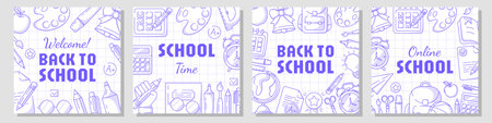 Set of back to school square poster, checkered background. Vector minimalist design with school supplies, stationery. Education, learning, knowledge concept. For social media, cardのイラスト素材