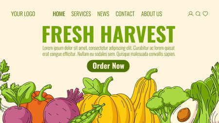 Farm harvest, organic vegetables. Order natural veggies, eco products, healthy food home delivery. Landing page vector template for website, web, grocery, online store, farmersのイラスト素材