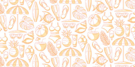 Monochrome orange seamless summer pattern with beach elements. Swimsuit, flip flops, flippers,...