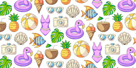 Colorful summer seamless pattern, beach elements, isolated on white. Swimsuit, pineapple, tropical...