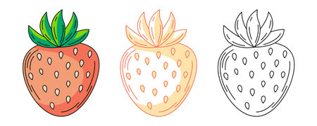 Strawberry, colorful and line icons set. Summer food, vector outline icon, monochrome and color illustration. Ripe berry, summertime. For logo, sticker, coloring book, labelのイラスト素材