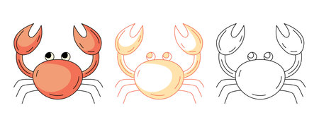 Cute crab, colorful and line icons set. Summer beach, underwater, marine concept, vector outline icon, monochrome and color illustration. Summertime. For sticker, coloring bookのイラスト素材