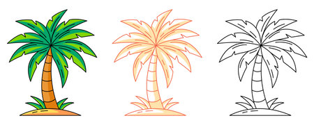 Palm tree, colorful and line icons set. Summer beach concept, vector outline icon, monochrome and color illustration. Tropical, exotic tree, summertime. For sticker, coloring bookのイラスト素材