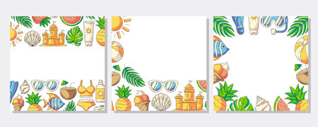 Set of summer colorful square card, painted beach elements, accessories icons. Corner, upper, bottom border frame, space for text, isolated on white. For banner, invitation, posterのイラスト素材