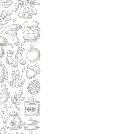 Autumn square poster, space for text. Minimalist monochrome gray left side frame with fall seasonal cozy elements. For card, banner, invitation, social media, festival or postcardのイラスト素材