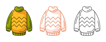 Warm sweater, colorful and line icon set. Fall or winter element of clothes for cold weather. Vector flat outline icon, monochrome red and color illustration. For logo, stickerのイラスト素材