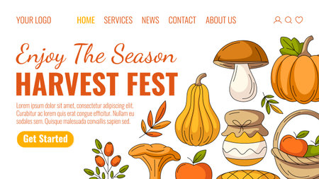 Enjoy the season, harvest fest. Colorful landing page vector template. Seasonal fall cozy elements from pumpkin, mushroom, rosehip, apple basket. For website, web, online, bannerのイラスト素材