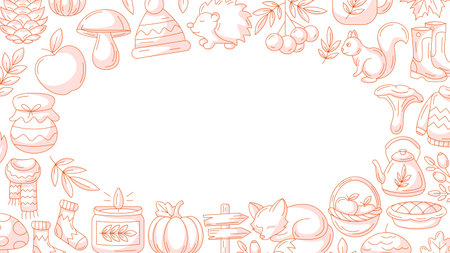 Autumn minimalist horizontal banner with border frame of fall cozy elements. Space for text in the middle, isolated white background. Seasonal poster, flyer, cover, advertisingのイラスト素材