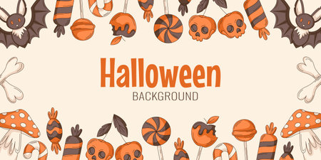 Halloween background, horizontal poster or banner with candies, lollipops, bat, bones, amanita icons frame. Flat vector illustration. Template or layout for greeting card, partyのイラスト素材