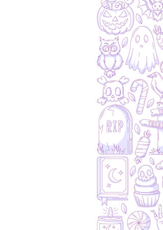 Halloween poster, vertical a4 vector background, space for text. Minimalist purple icons, right side border frame. Spooky ghost, spell book, skull and bones. For banner, invitationのイラスト素材