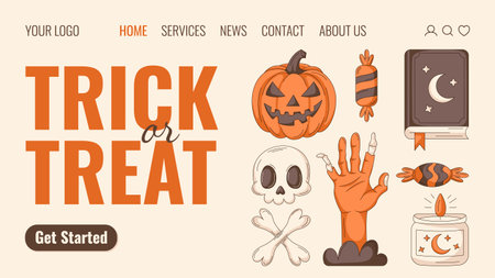 Halloween landing page vector template. Holiday flat illustration with pumpkin, candy, spell book, skull, bones, zombie hand, candle. For website, web page, online, banner, partyのイラスト素材