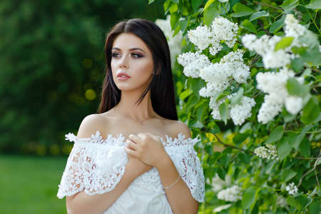 Portrait of beautiful sensual brunette girl in white dress in the bush of white lilacの写真素材