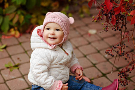 Very charming beautiful little girl with big brown eyes sitting, looking up and smiling on the background of red leaves of grapes in autumnの写真素材