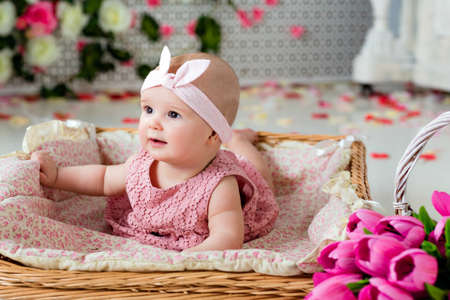 Small very cute, big-eyed little girl in a pink dress lying in a wicker basket about pink tulipsの写真素材