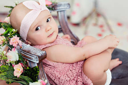 Small very cute wide-eyed smiling baby girl in a pink dress is in the chair about pink flowersの写真素材