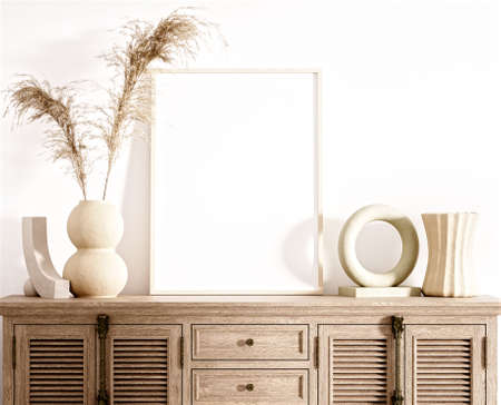 photo frame mockup in clean minimalist scandinavian room. 3d rendering