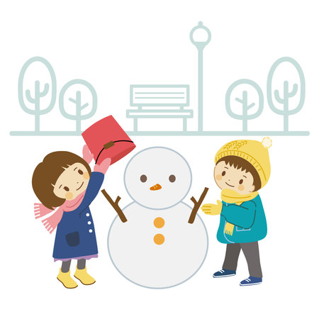 ãWinter ChildrenãThis is an illustration of a child making a snowman in a park.のイラスト素材