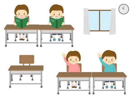 Illustration of a child in a school classroom (reading a textbook, raising hand)のイラスト素材