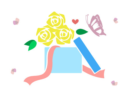 The illustration shows a yellow rose in a blue gift box and a butterfly that has come to rest against it.のイラスト素材