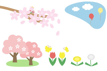 This is an illustration of spring flowers (cherry blossoms, tulips, and dandelions) and a blue sky with balloons flying.のイラスト素材