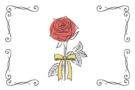 Illustration of hand-drawn line drawing of red roses and decorative frame.のイラスト素材