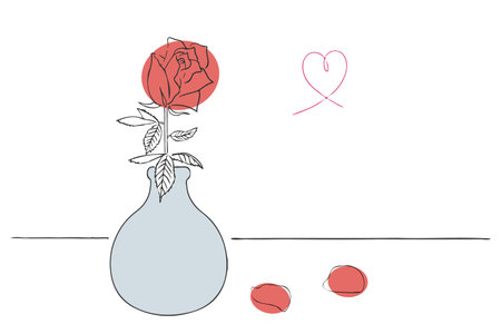 Hand-drawn illustration of a single red rose in a vase.のイラスト素材