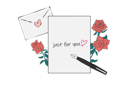 Illustration of a letter with red roses and "just for you" written on it.のイラスト素材
