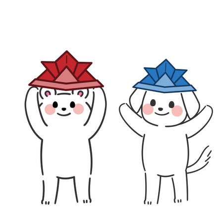 This is an illustration for Children's Day. A cute, hand-drawn bear and dog is wearing a helmet made from origami.のイラスト素材