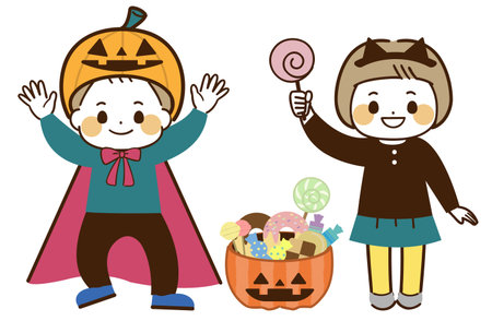 This is a Halloween illustration of a girl delighted to receive lots of candy.のイラスト素材