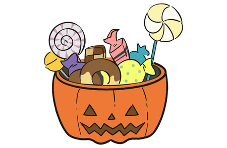 This is a hand-drawn illustration of a jack-o'-lantern filled with lots of candy.のイラスト素材