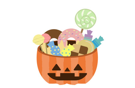 This is a flat illustration of a jack-o'-lantern bowl filled with lots of candy.のイラスト素材