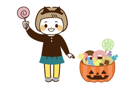 This is a Halloween illustration of a girl delighted to receive lots of candy.のイラスト素材