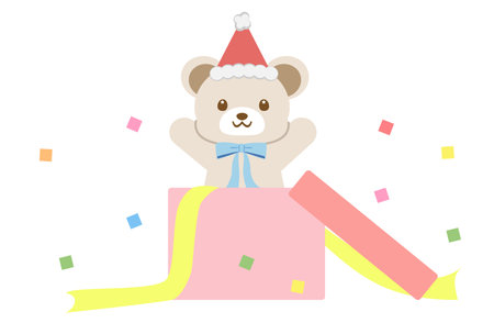 An illustration of a white bear popping out of a box for Christmas.のイラスト素材