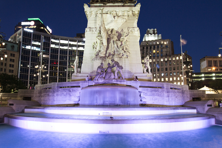 Fountain at night, Saints and Sailors monument, Indianapolis, Indiana, USA, landscape orientationの写真素材